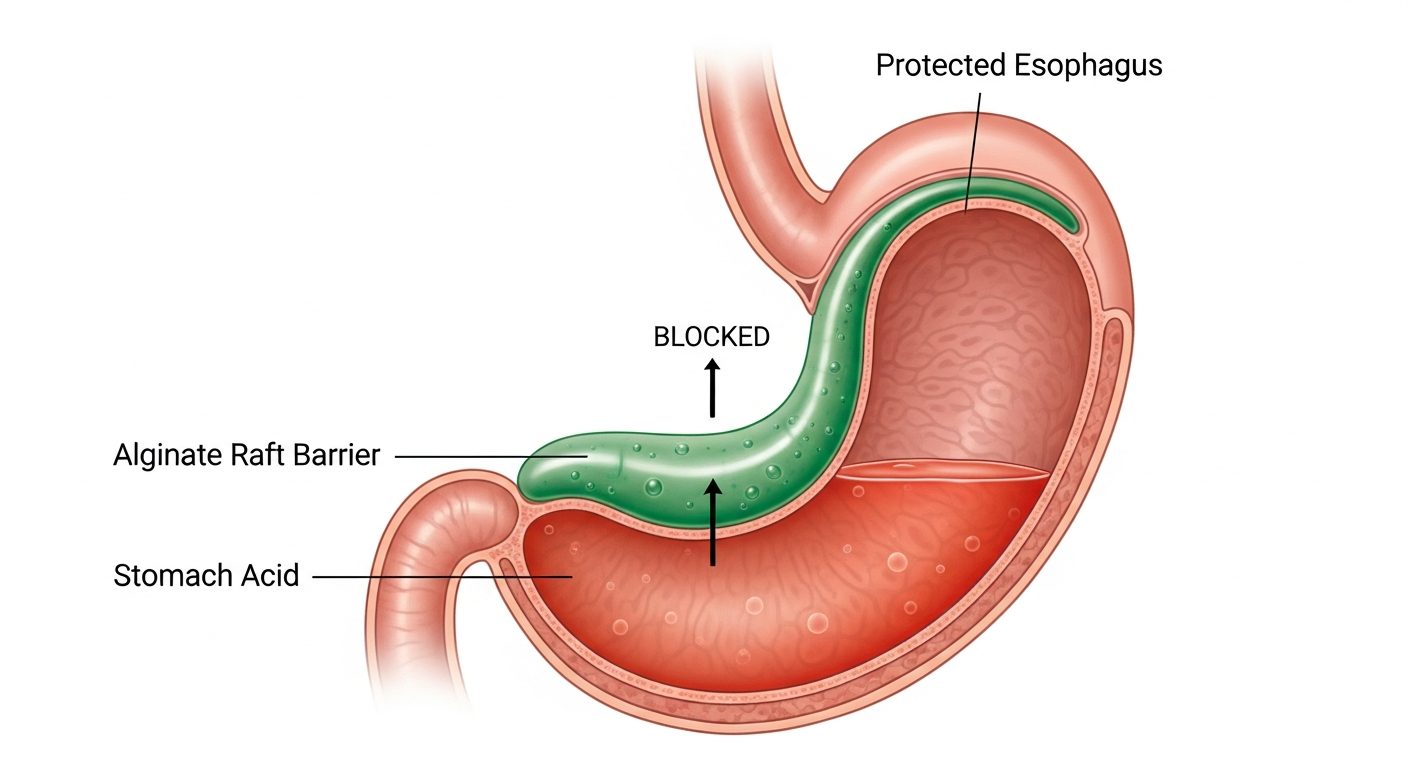 Diagram showing how alginate raft forms in the stomach